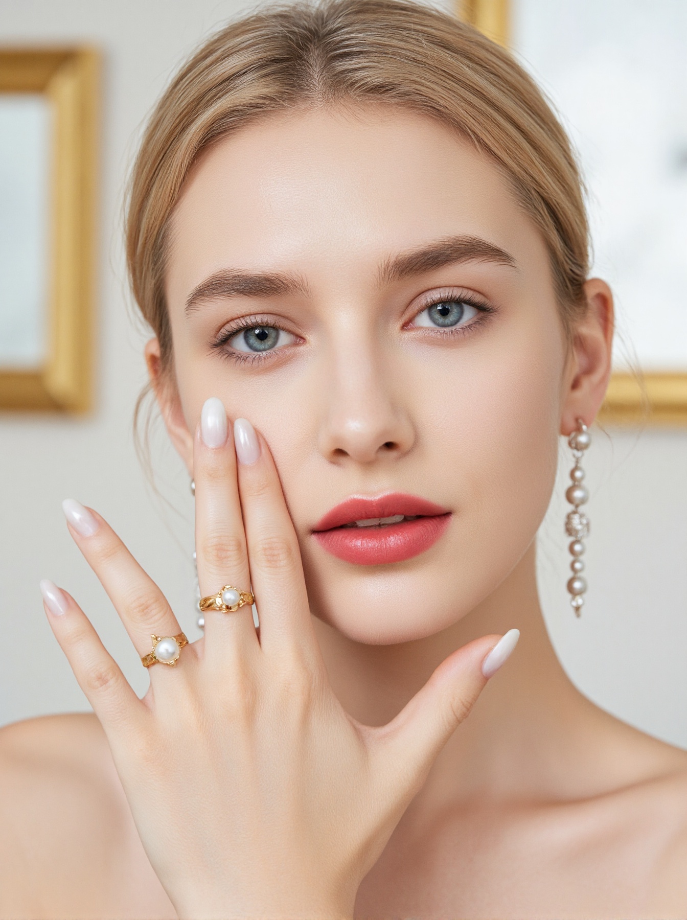 A close-up shot of a beautiful blond woman with blue eyes and red lips. She is wearing a gold ring with a white pearl in t...