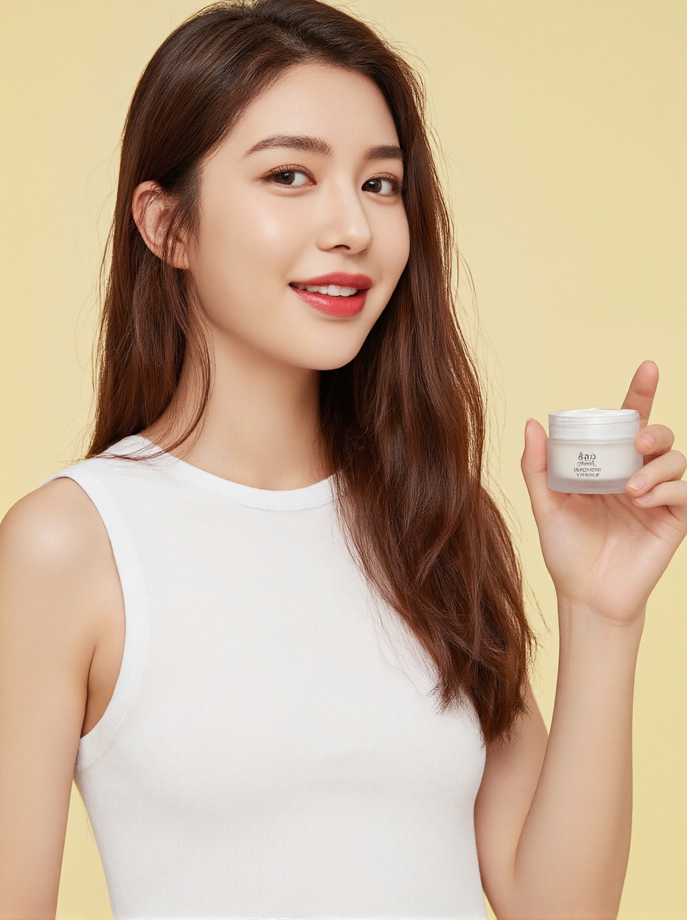 a woman with long brown hair,  wearing a white sleeveless **** top,  is holding a small cream jar in her right hand. She i...