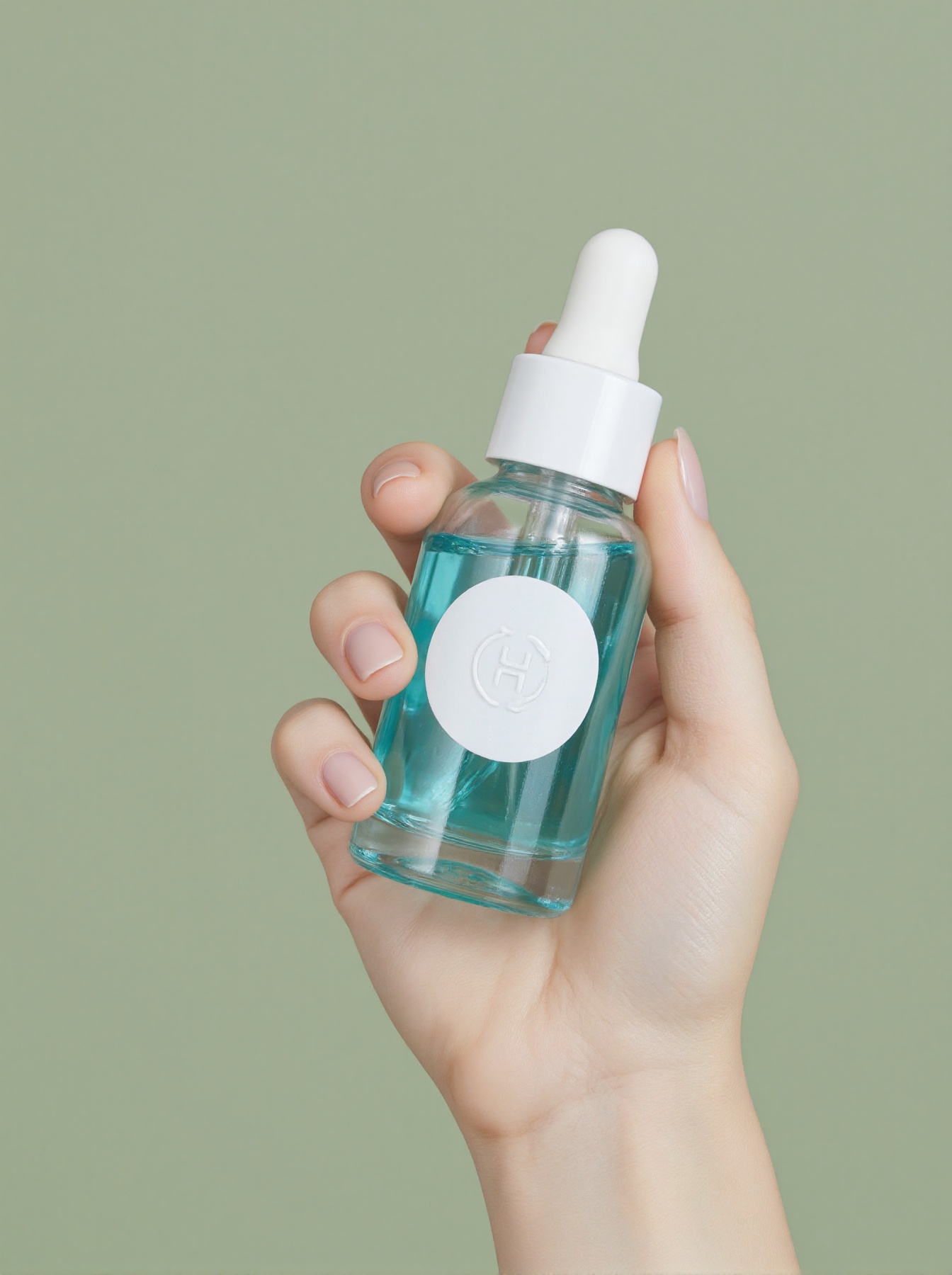 The image is a high-resolution photograph featuring a close-up of a hand holding a clear glass dropper bottle filled with...