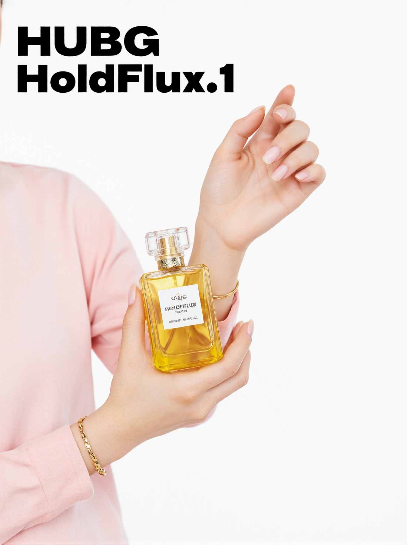 a woman in a pink shirt is holding a yellow bottle of perfume in her left hand. Her right hand is adorned with a gold brac...