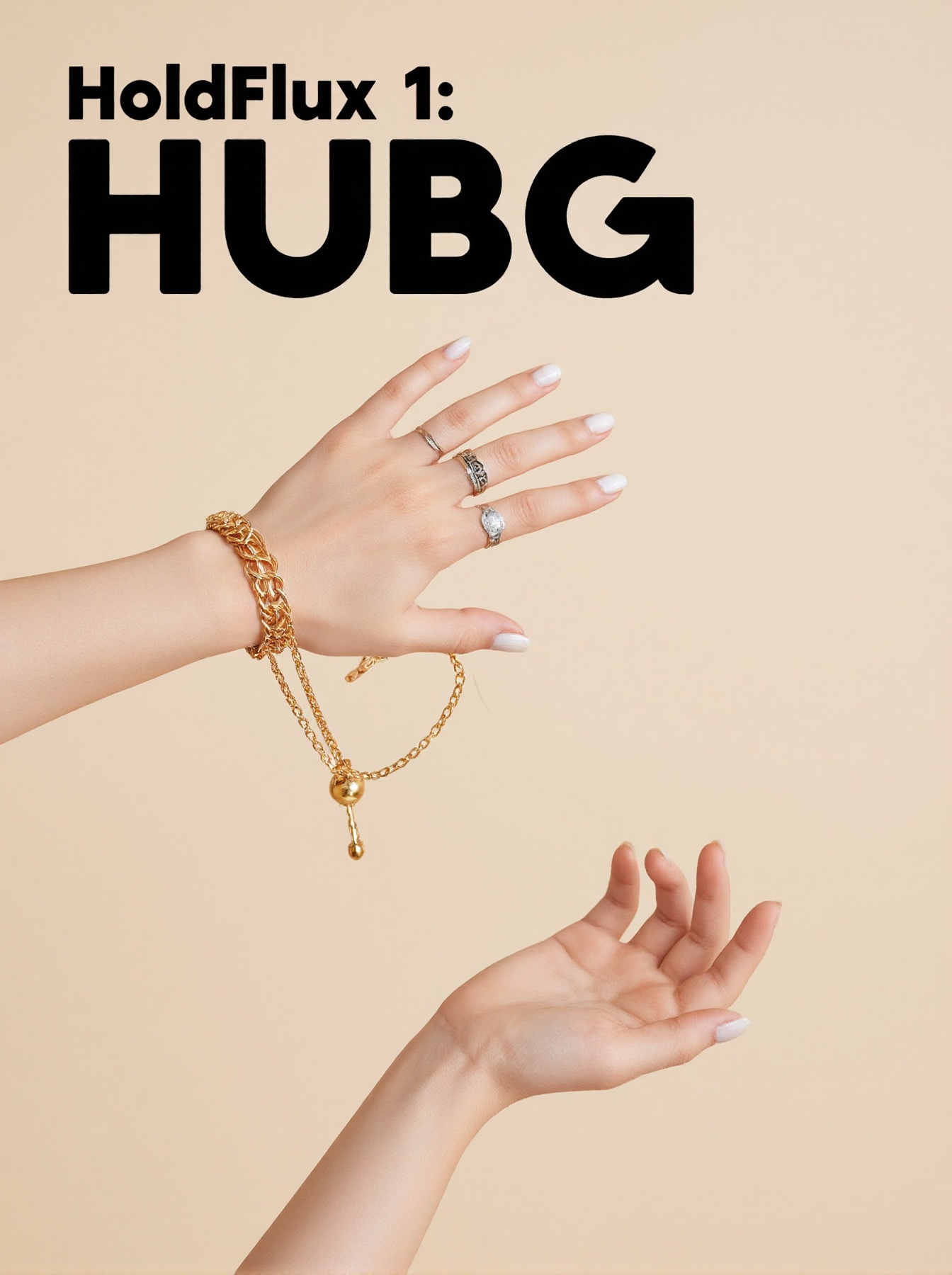 Captured from a high-angle perspective on a light beige background,  the word "HUBG HoldFlux.1" is written in bold black l...