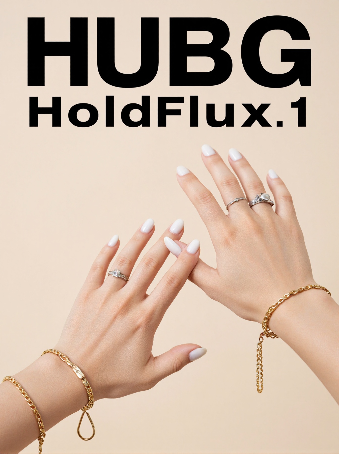 Captured from a high-angle perspective on a light beige background,  the word "HUBG HoldFlux.1" is written in bold black l...
