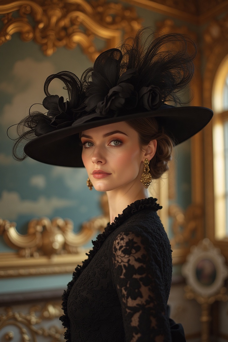 A lady in a sophisticated,  wide-brimmed hat,  styled in the Alphonse Rococo fashion on Tensor.Art