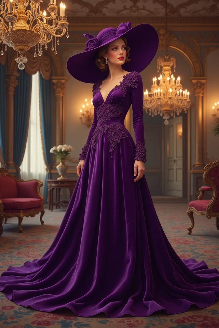 A realistic Alphonse Rococo illustration of a lady in a purple velvet hat and a flowing velvet dress,  standing elegantly...