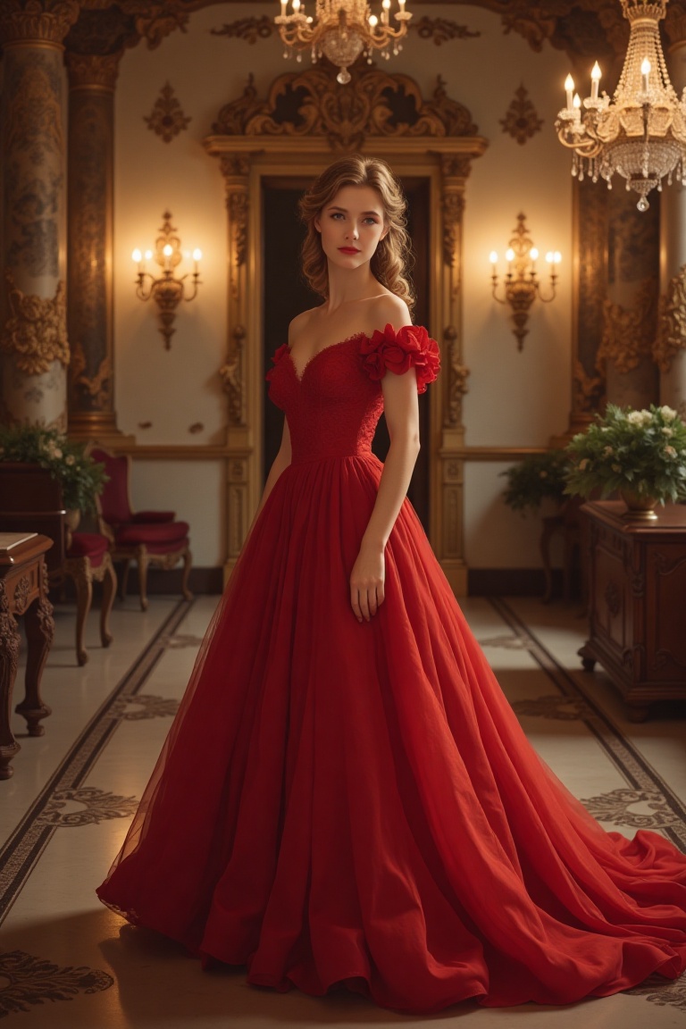 An Alphonse Rococo illustration of a lady in a flowing red dress,  standing elegantly in a grand hall. The shot is framed...
