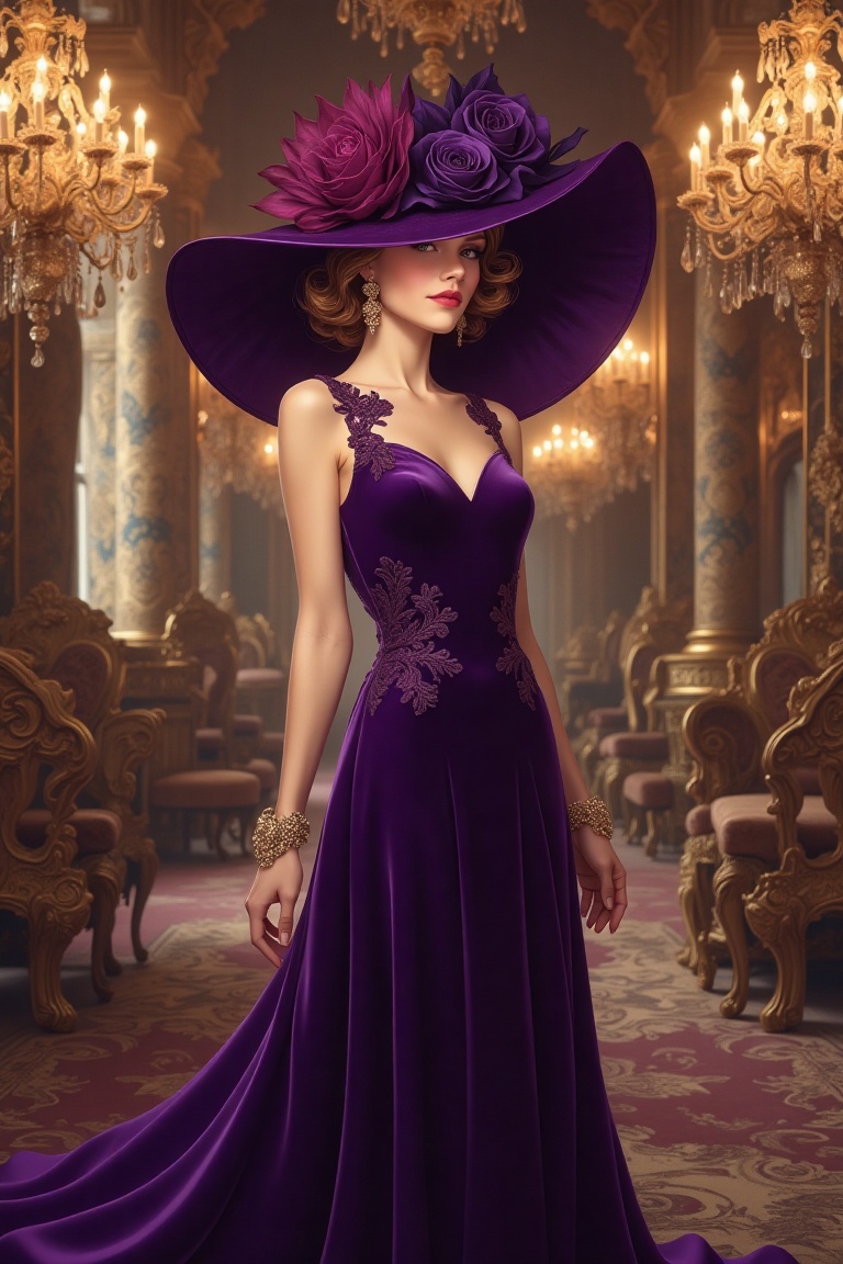 A realistic Alphonse Rococo illustration of a lady in a purple velvet hat and a flowing velvet dress,  standing elegantly...