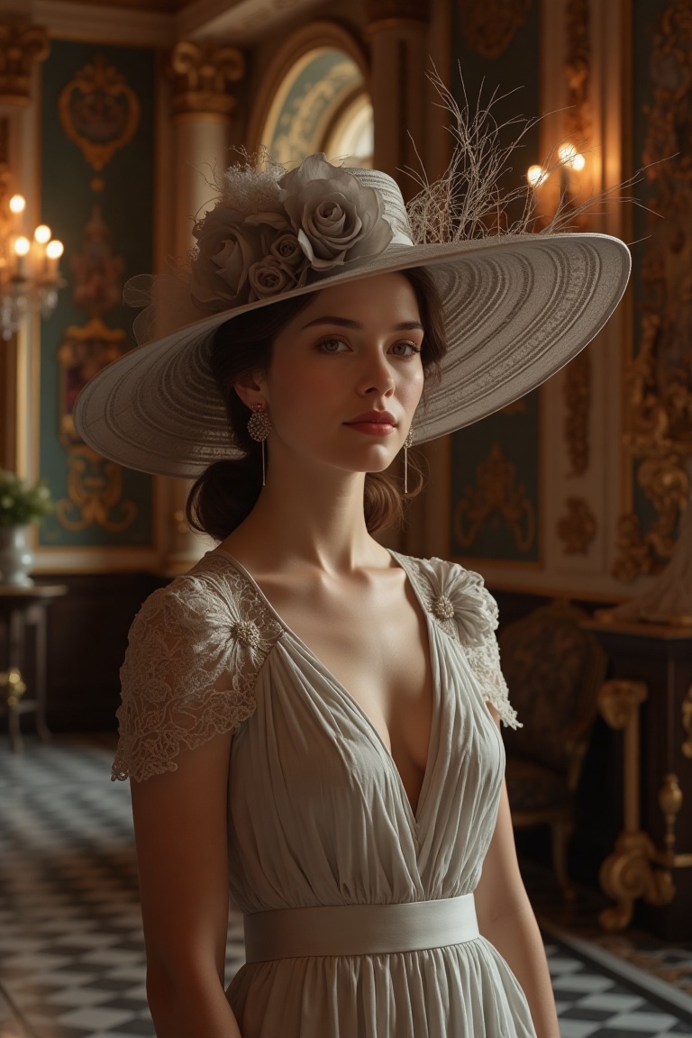 A lady in a sophisticated,  wide-brimmed hat,  styled in the Alphonse Rococo fashion on Tensor.Art