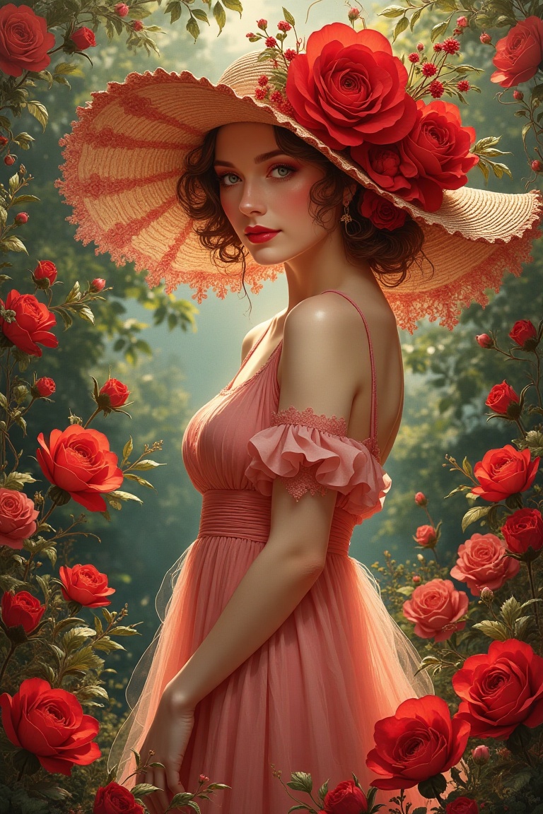 An Alphonse Rococo illustration of a lady in an elegant,  wide-brimmed hat adorned with red flowers. She stands gracefully...