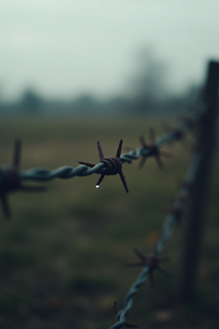 A gloomy,  Pinterest-style close-up photograph of barbed wire. The shot is tightly framed to focus on the twisted,  rusted...