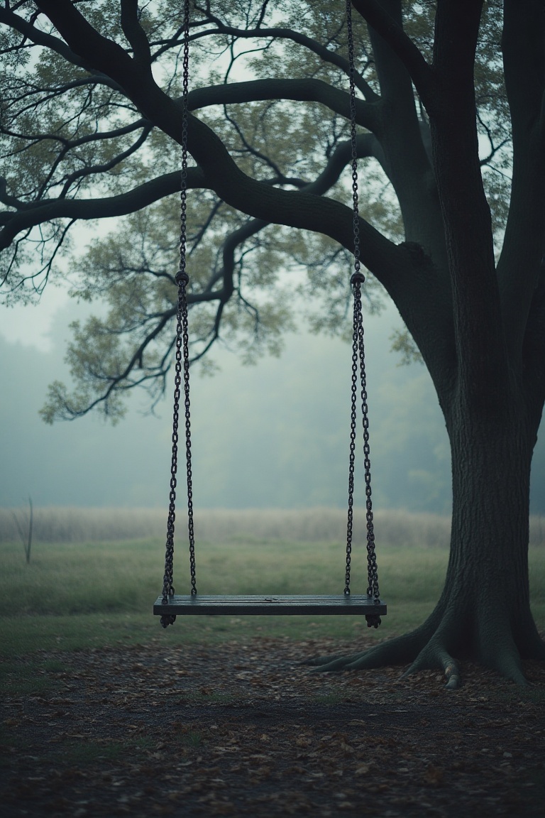 A gloomy,  Pinterest-style photograph of a swing hanging under a large,  ancient tree. The shot is framed to capture the i...