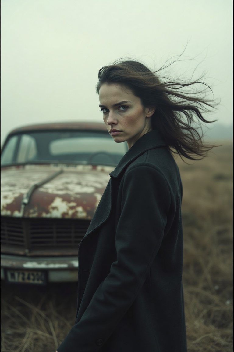 A gloomy,  Pinterest-style photograph of a woman standing next to an old car in a dramatic,  windy setting. She looks emot...