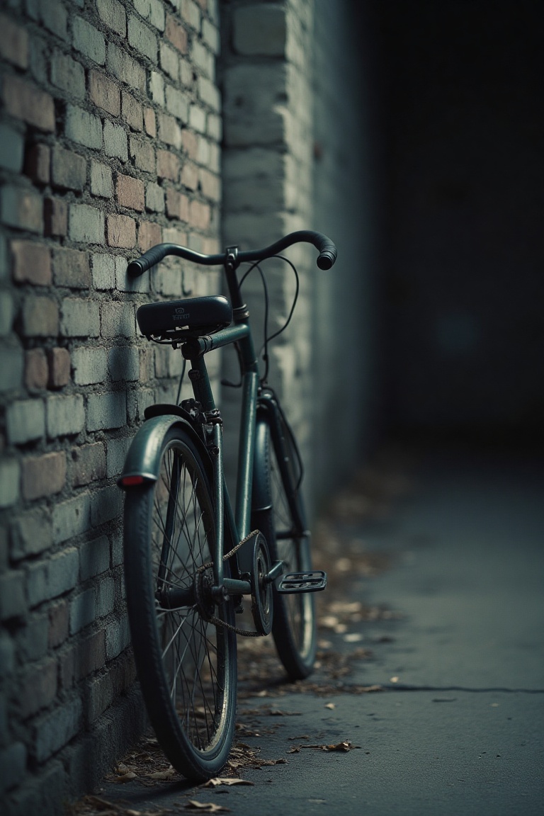 A gloomy,  Pinterest-style photograph of a bicycle leaning against a weathered brick wall. The shot is framed to capture t...