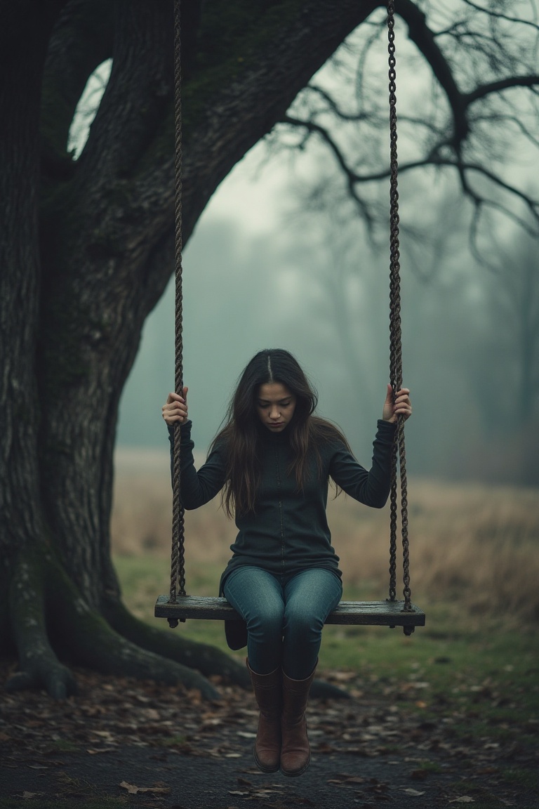 A gloomy,  Pinterest-style photograph of a woman sitting on a swing under a large,  ancient tree. She looks down on Tensor...