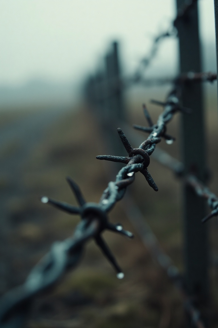 A gloomy,  Pinterest-style close-up photograph of barbed wire. The shot is tightly framed to focus on the twisted,  rusted...