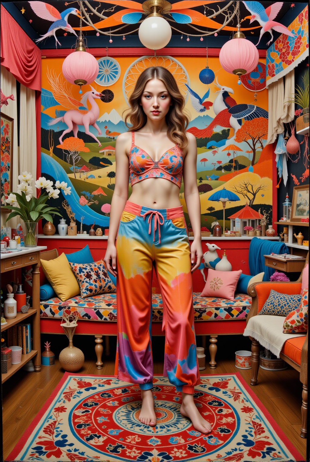 oil painting with vivid brush strokes Young barefoot bohemian woman in a vibrant,  eclectic interior. Crop top,  loose pat...