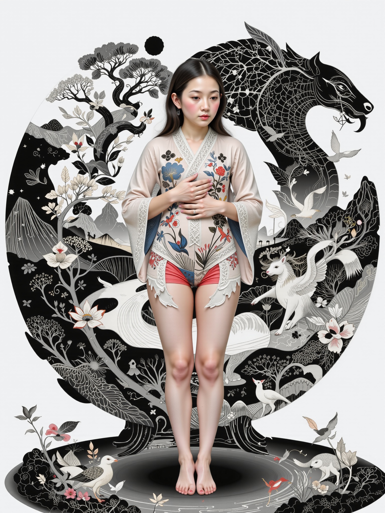 Surreal digital illustration painting in the style of Asa CHEN,  Mystical beauty stands barefoot,  shrouded in charcoal pe...