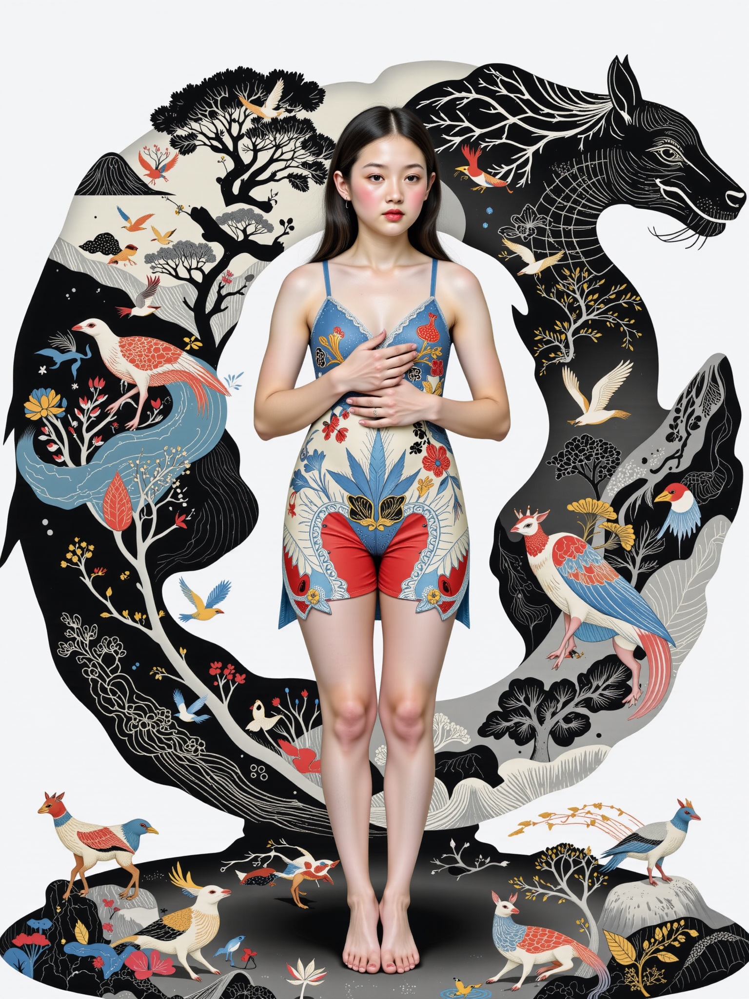 Surreal digital illustration painting in the style of Asa CHEN,  Mystical beauty stands barefoot,  shrouded in charcoal pe...