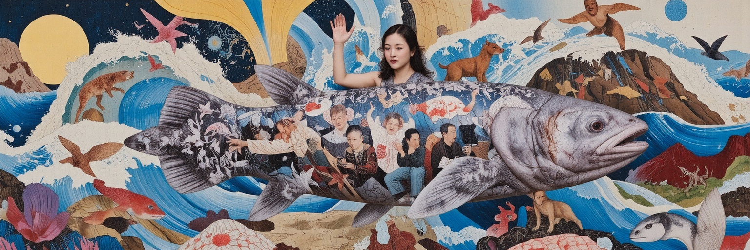 Mind Surfing ,  1 ****** man riding on a large Coelacanth in the brain sea,  Realistic Photographic Portraits on Tensor.Art