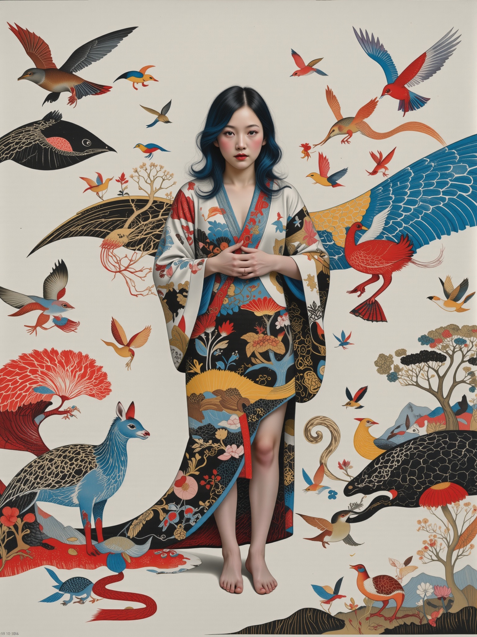 Surreal digital illustration painting in the style of Asa CHEN,  Mystical beauty stands barefoot,  shrouded in charcoal pe...