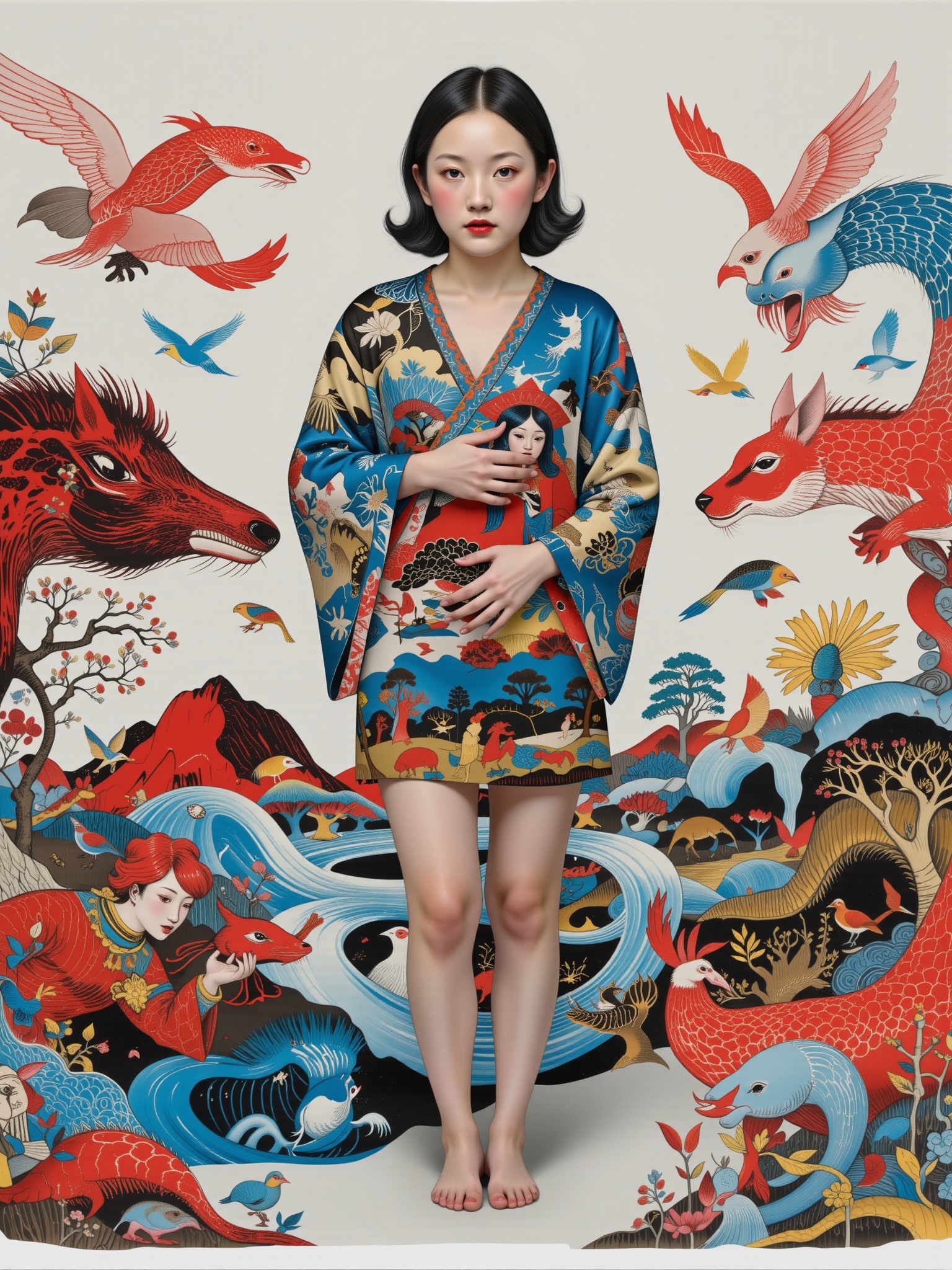 Surreal digital illustration painting in the style of Asa CHEN,  Mystical beauty stands barefoot,  shrouded in charcoal pe...
