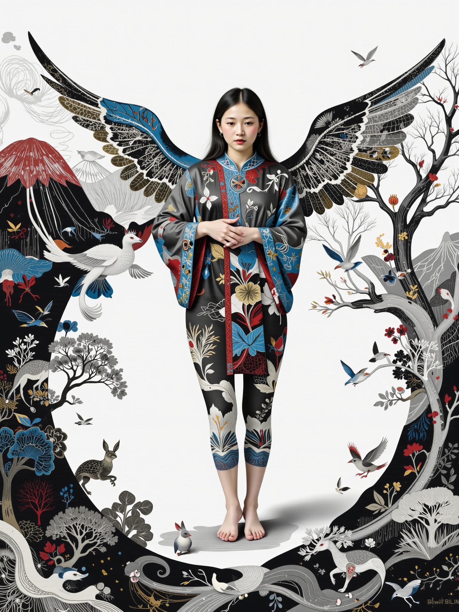 Surreal digital illustration painting in the style of Asa CHEN,  Mystical beauty stands barefoot,  shrouded in charcoal pe...