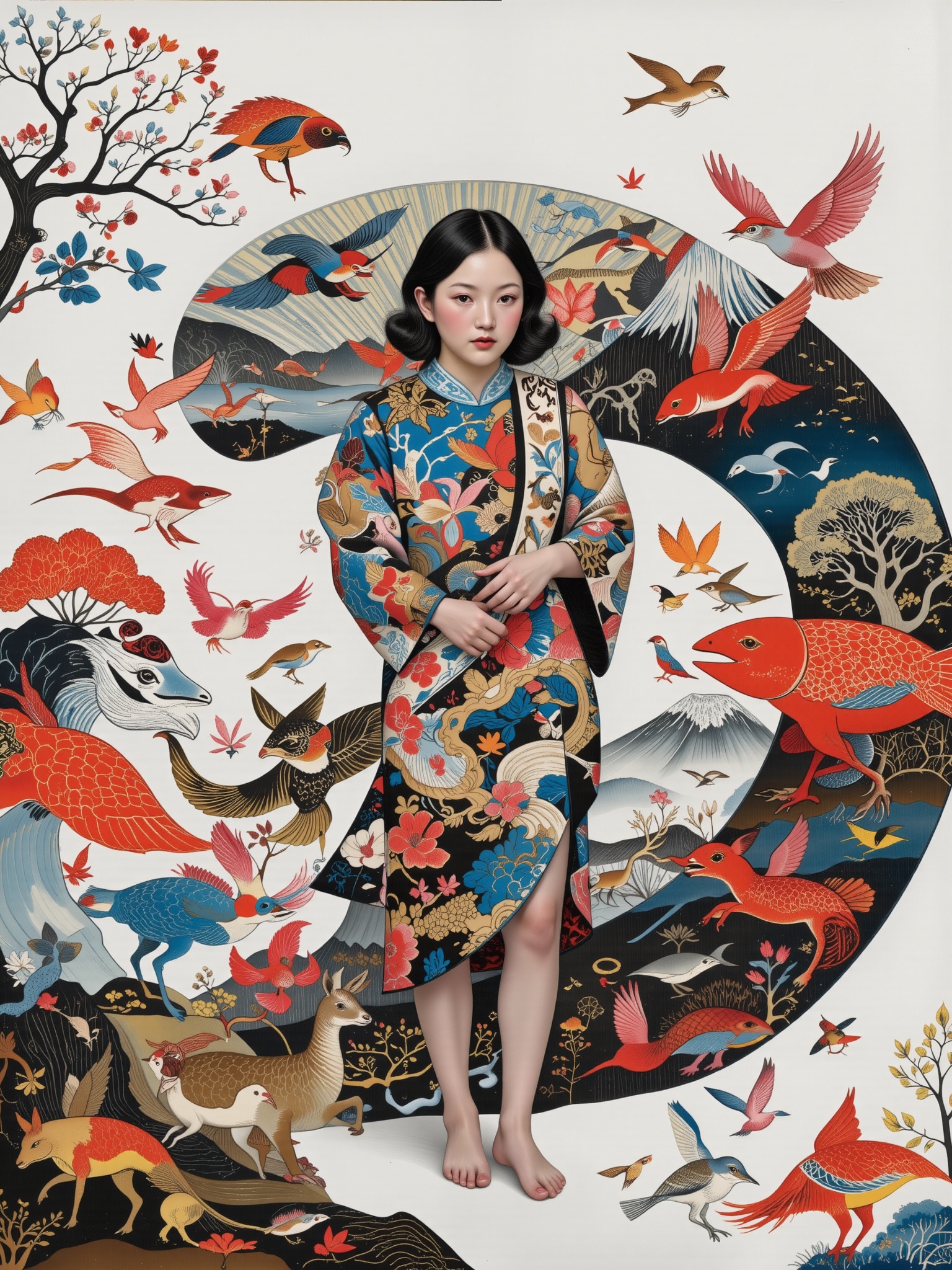 Surreal digital illustration painting in the style of Asa CHEN,  Mystical beauty stands barefoot,  shrouded in charcoal pe...