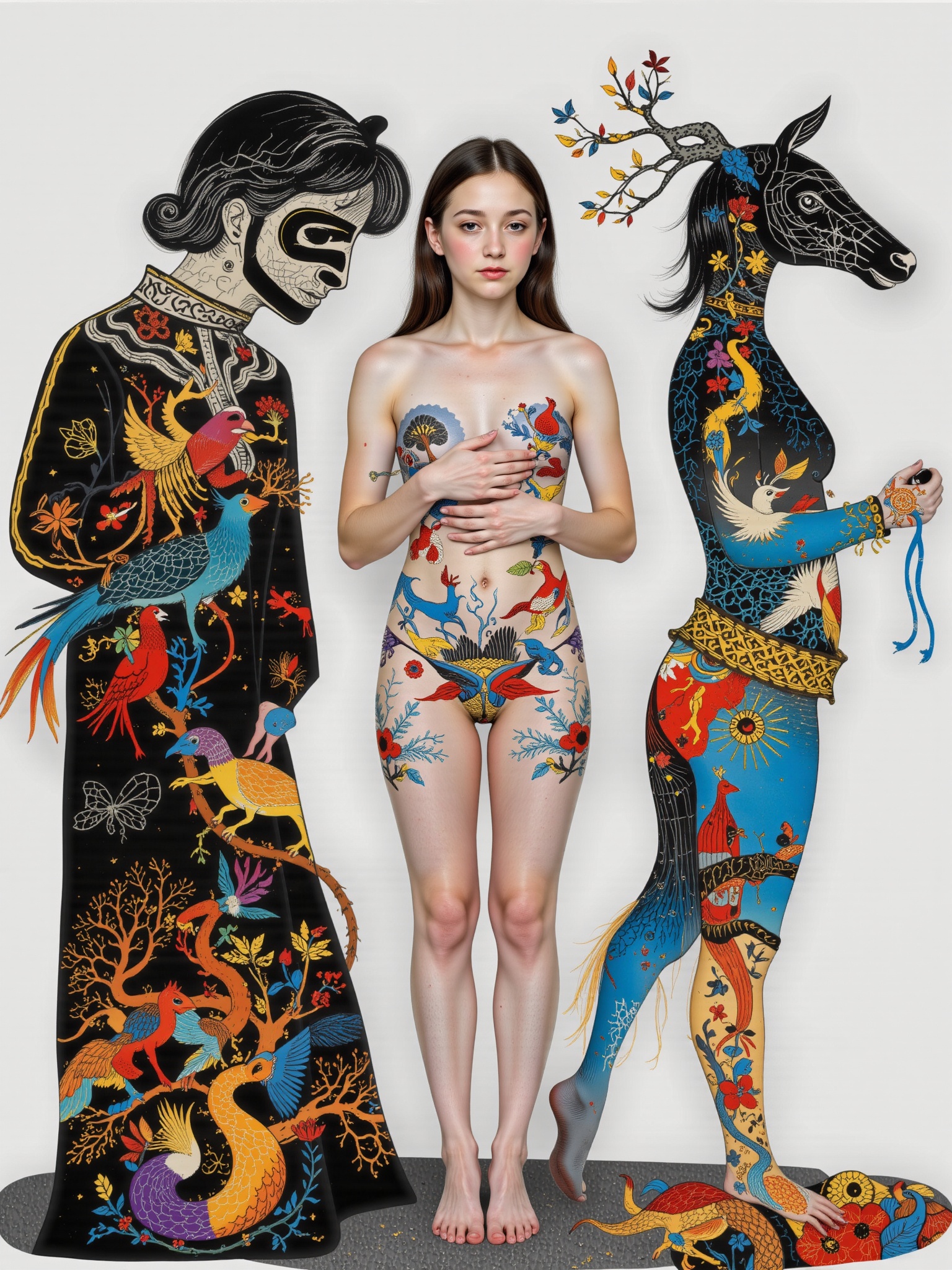 Surreal digital illustration painting in the style of Asa CHEN,  Mystical beauty stands barefoot,  shrouded in charcoal pe...