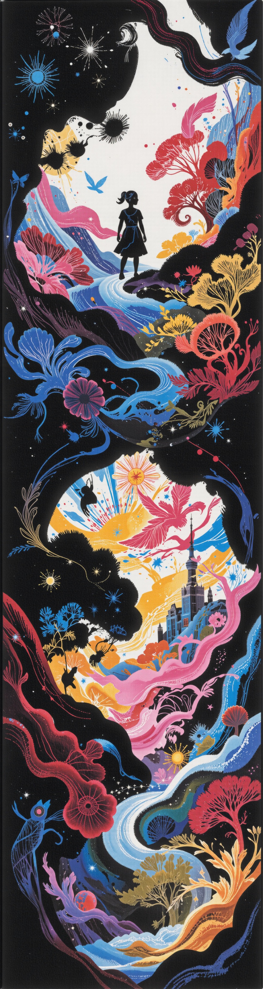 Silhouette of a girl in a scenery of a magical world,  fantastic scenery of another world,  close-up on Tensor.Art