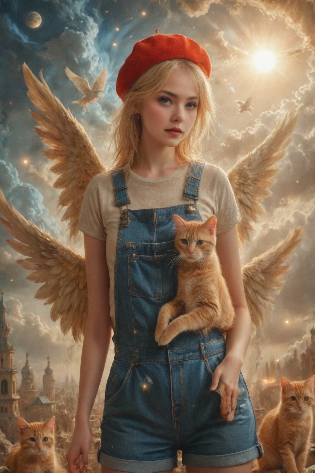 a girl 18-year-old blonde Russian girl artist,  wearing a red beret,  blue artist short overalls on Tensor.Art
