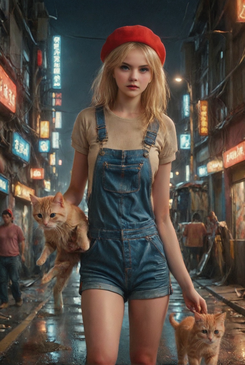 a girl 18-year-old blonde Russian girl artist,  wearing a red beret,  blue artist short overalls on Tensor.Art