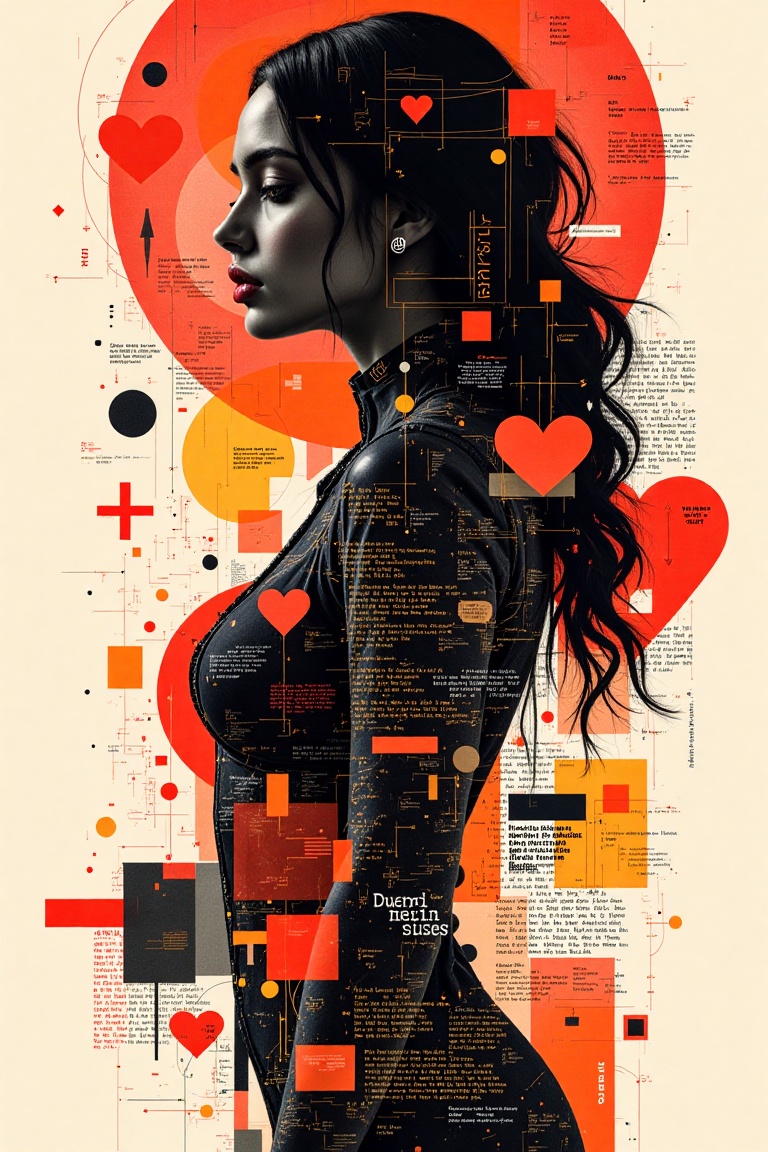 poster,  young beautiful woman silhouette. collage,  overlaid with a mix of geometric shapes on Tensor.Art