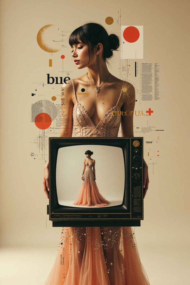 A mystical collage of young woman stands in a minimalist beige room,  holding a vintage CRT television at chest level. The...