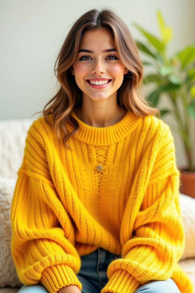 A digital painting of a vibrant portrait featuring a woman in casual yellow knitted wear. She is seated with a relaxed,  n...