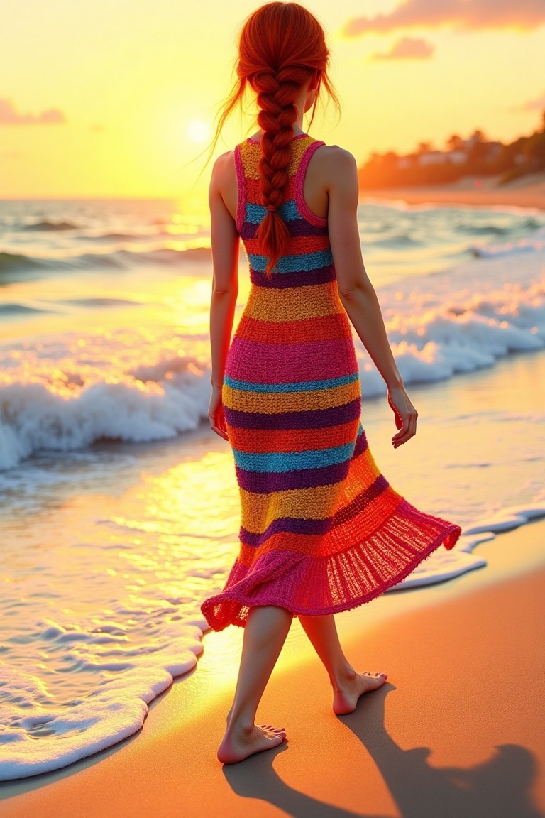 A digital painting of a vibrant,  knitted woman with red hair braided down her back,  walking on a sunlit beach. The scene...