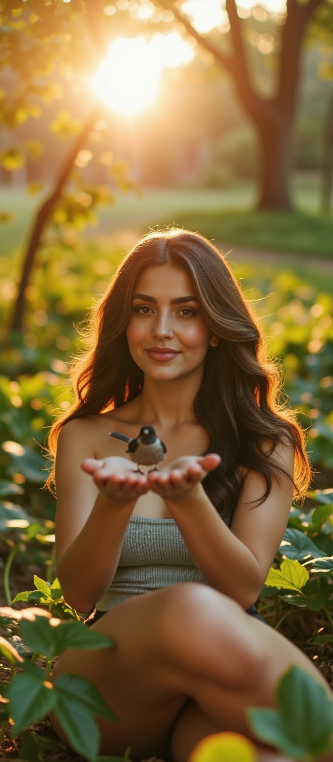 Close-up of a young woman sitting in a forest,  gently holding a small bird in her hands,  surrounded by lush greenery on...