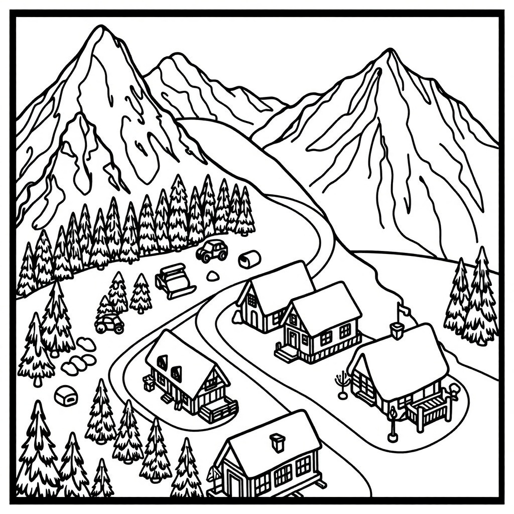 Coloring book page of a mountain ski resort village in an isometric perspective. white background,  black and white,  deta...