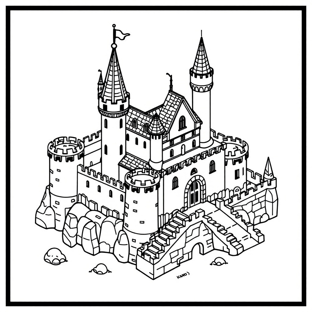 Coloring book page of a medieval castle in an isometric perspective on an isometric block. white background,  black and wh...