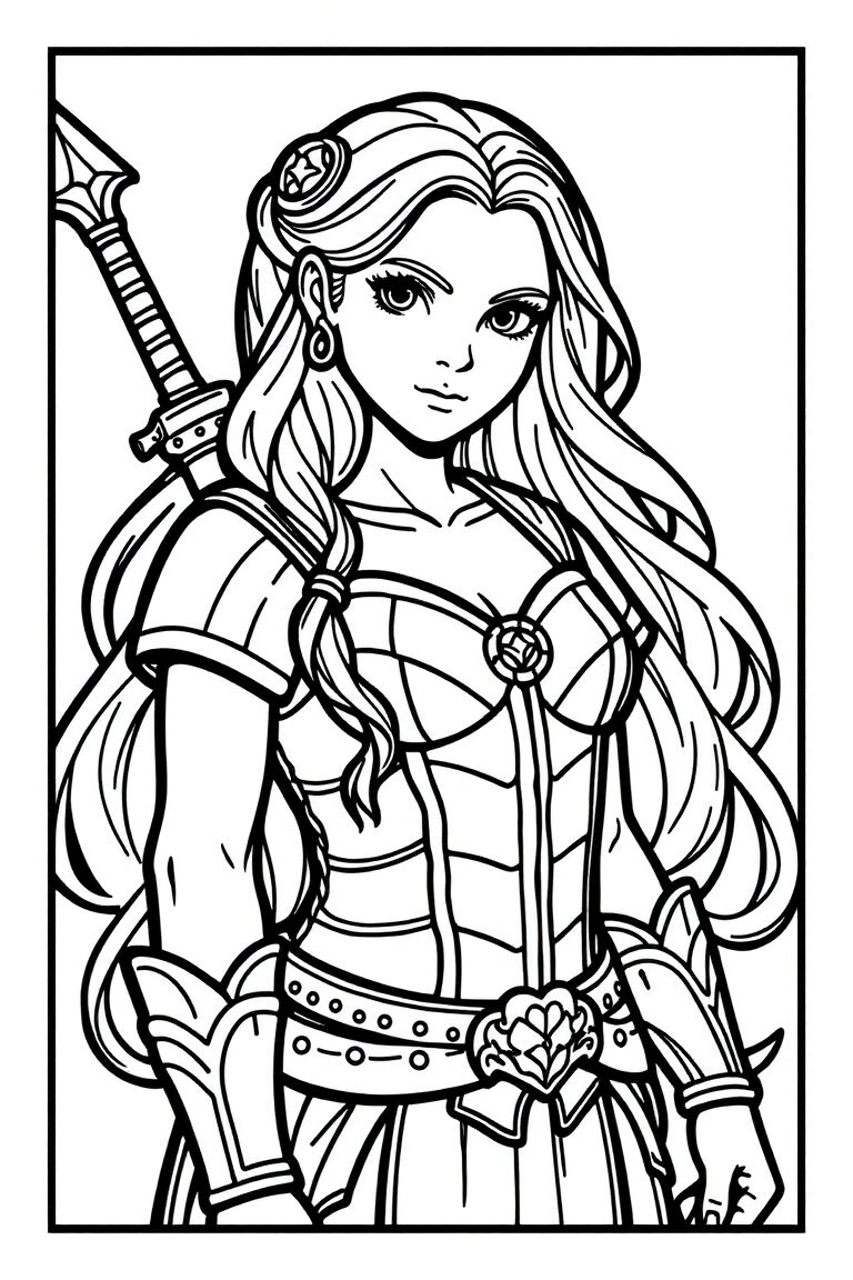 Coloring book page of a young warrior woman with long hair. Fantasy theme. Bold border. White Background,  coLORA on Tenso...