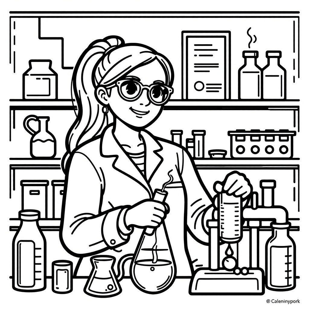 Coloring book page of a young female chemist in a laboratory. on Tensor.Art