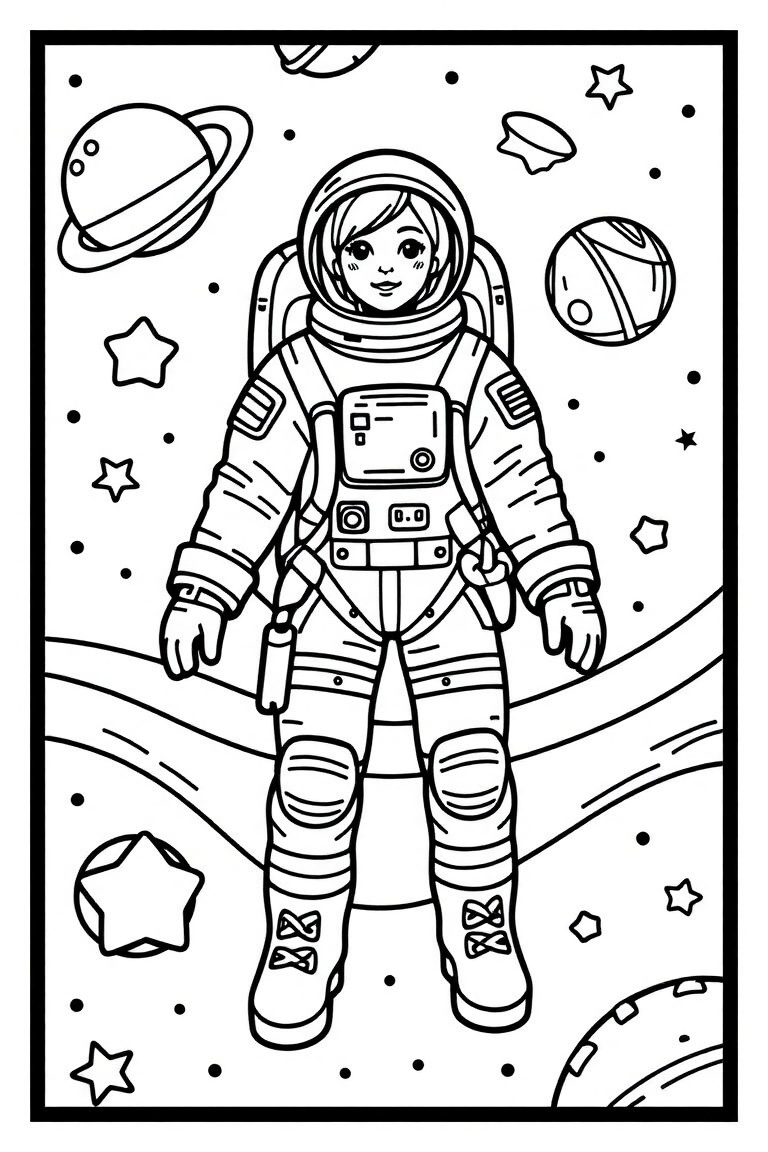 Coloring book page of a young female astronaut in outer space. White background,  detailed line art,  clean lines on Tenso...