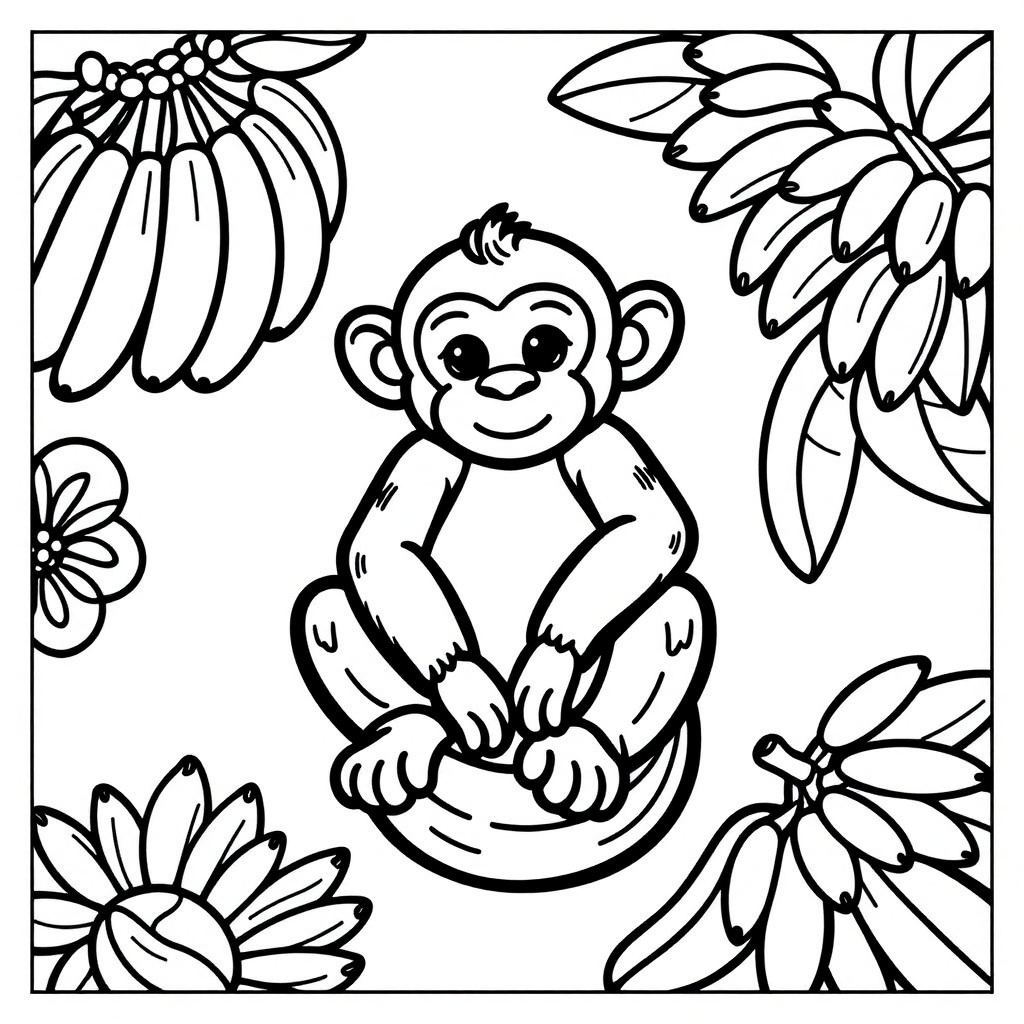 Coloring book page of a monkey surrounded by bananas. White background,  black and white,  detailed line art on Tensor.Art
