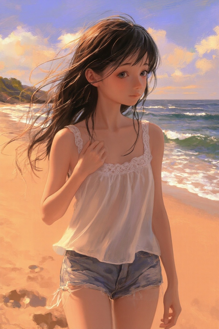 anime_painting depicting a young anime-inspired woman standing on a sunny beach,  her long hair blowing gently in the sea...