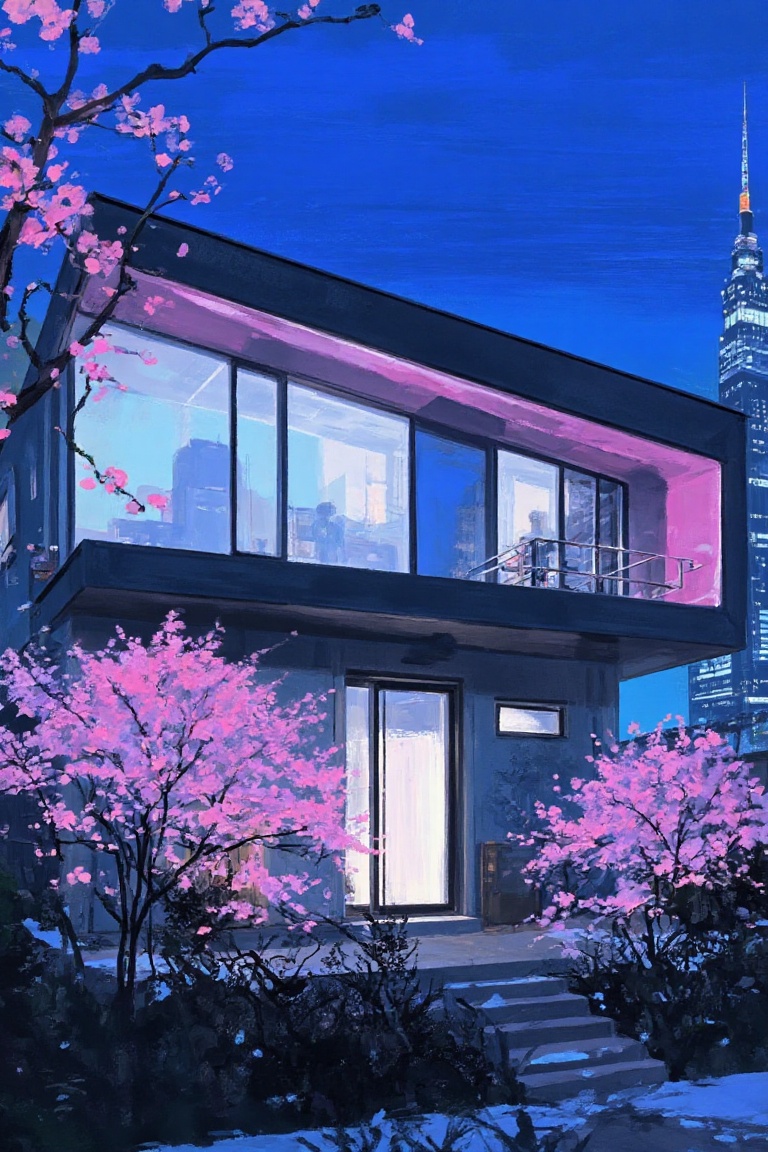 anime_painting of a sleek,  modern Japanese house with neon-lit accents and a futuristic twist,  set against a bright blue...