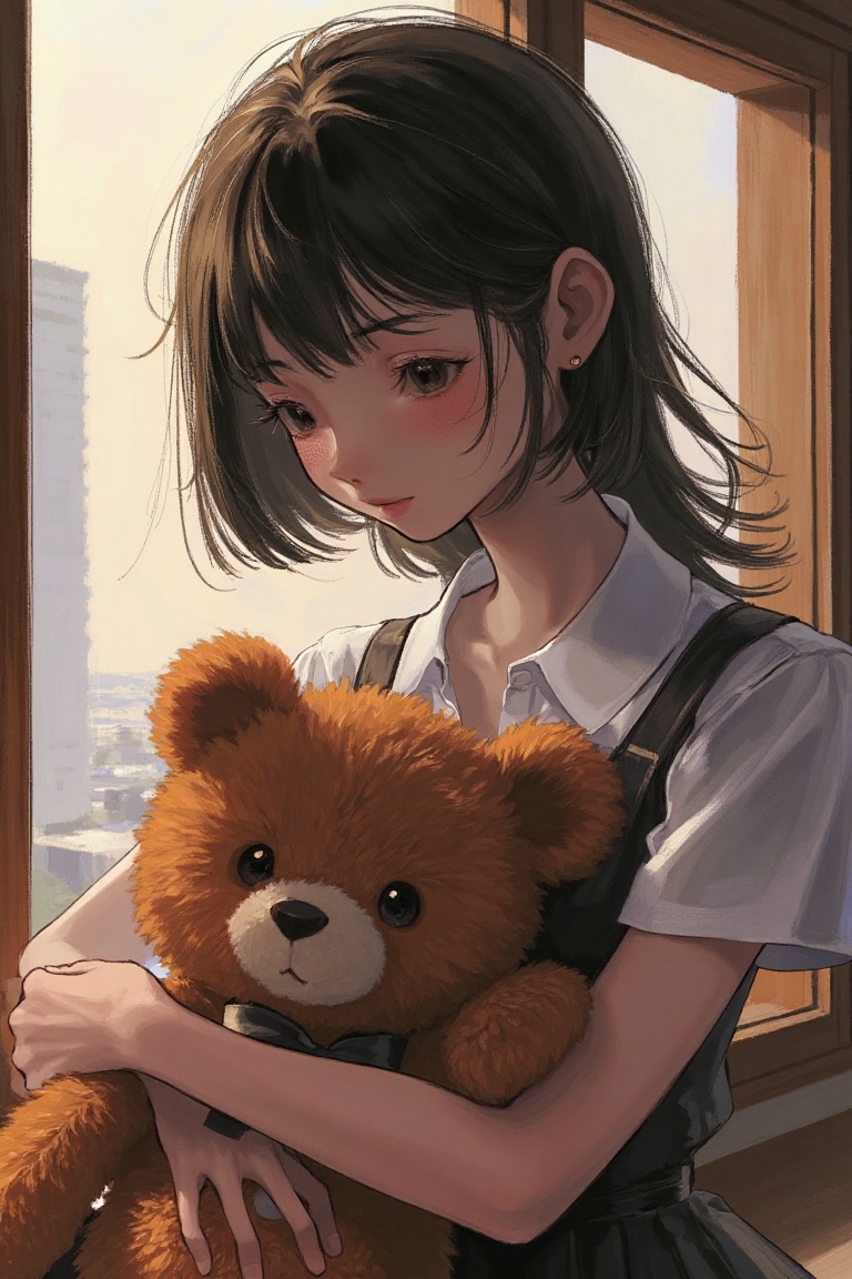 anime_painting depicts a young woman in a crisp school uniform,  standing with a gentle smile beside a cuddly teddy bear....