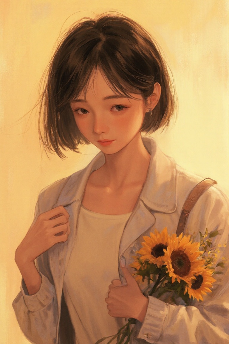 anime_painting portrait of a woman,  dressed in a lightweight jacket,  against a warm summer backdrop. The soft on Tensor.Art