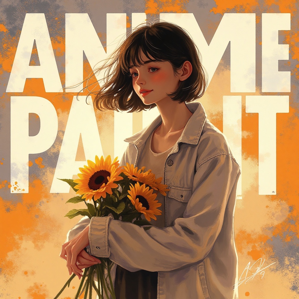 there is big white artistic text "ANIME OIL PAINT",  the poster is anime_painting portrait of a woman,  dressed in a light...
