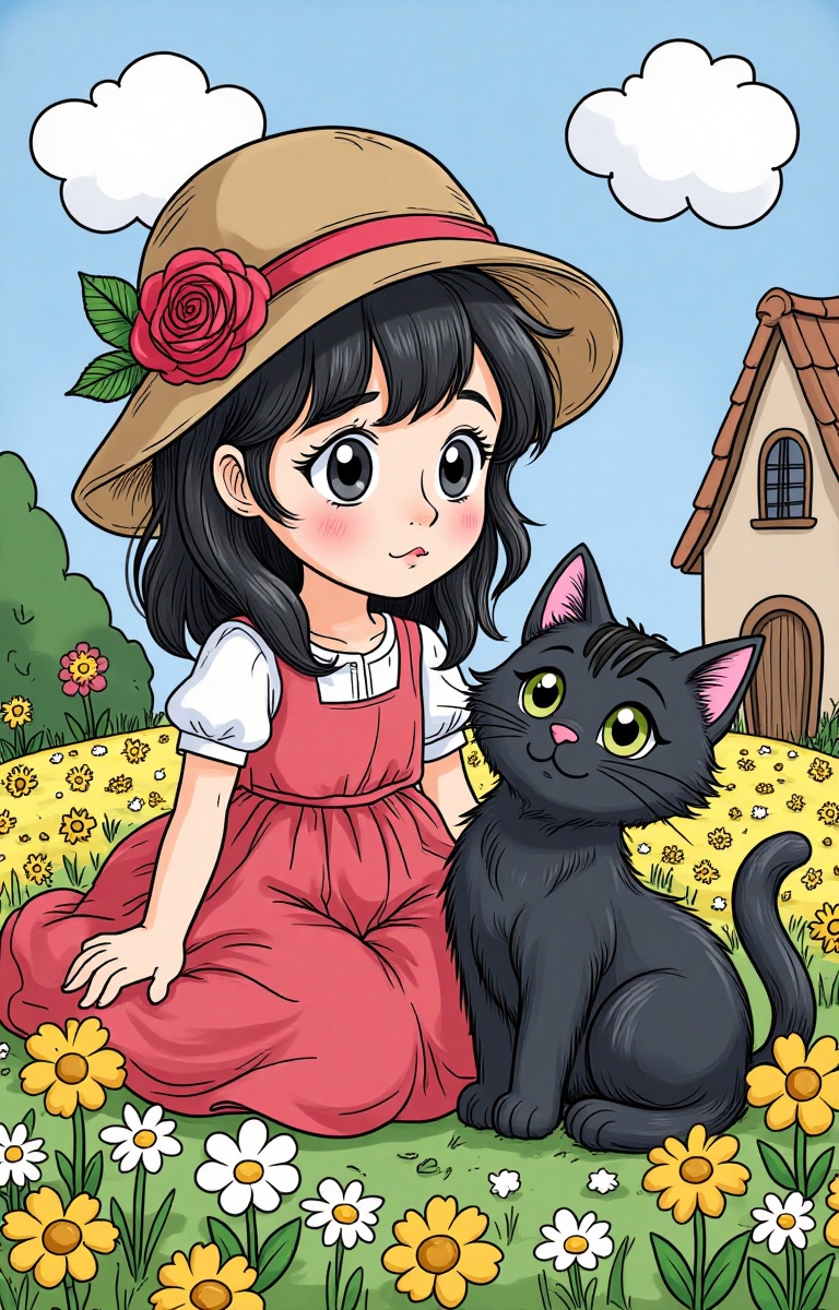 A painting of a girl and a black cat. The girl is wearing a red dress and a brown hat with a red rose on it. The cat is si...