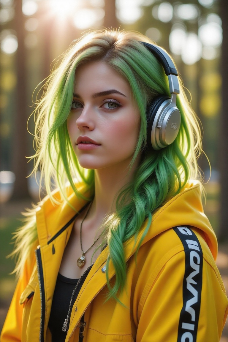 A VSCO wallpaper featuring a woman standing under bright sunlight,  wearing headphones. She has green blonde hair and a vi...
