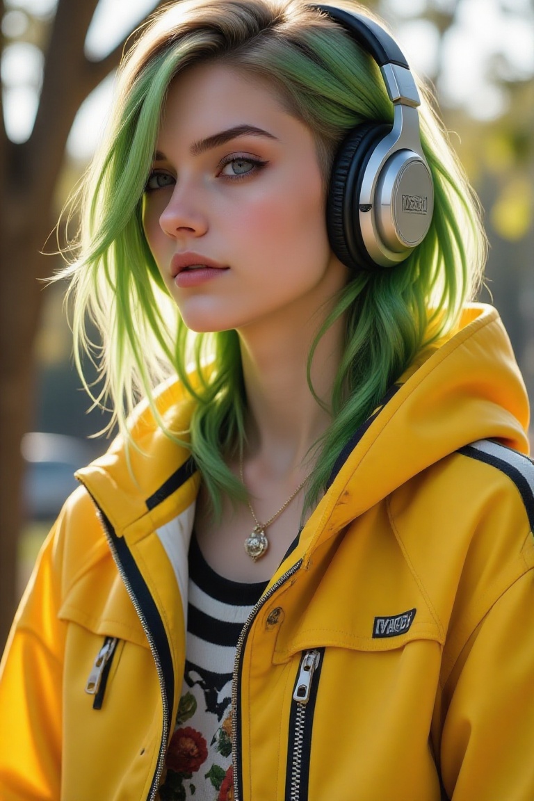 A VSCO wallpaper featuring a woman standing under bright sunlight,  wearing headphones. She has green blonde hair and a vi...