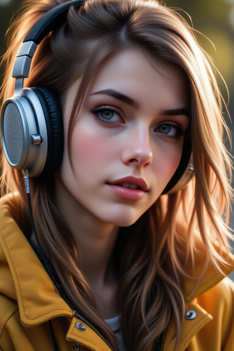 A VSCO wallpaper featuring a close-up of a lady wearing headphones and a stylish jacket. She has a serene expression,  wit...
